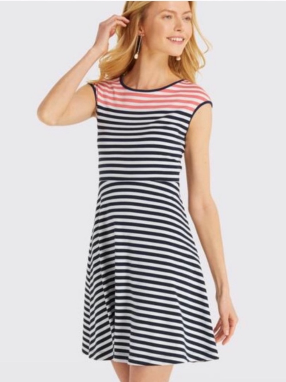 Draper James Navy & White Striped Mini Dress with Coral Yoke